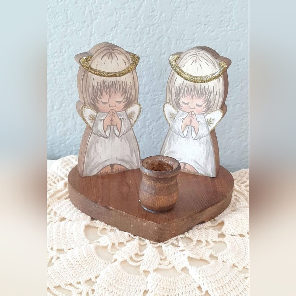 Vintage Wooden Angel Candle Holder with Gold Accents